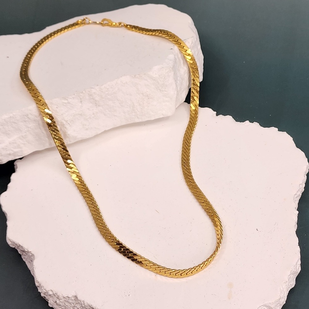 Gold Tone Herringbone Chain Necklace Signed Flat Snake Link Statement Korea